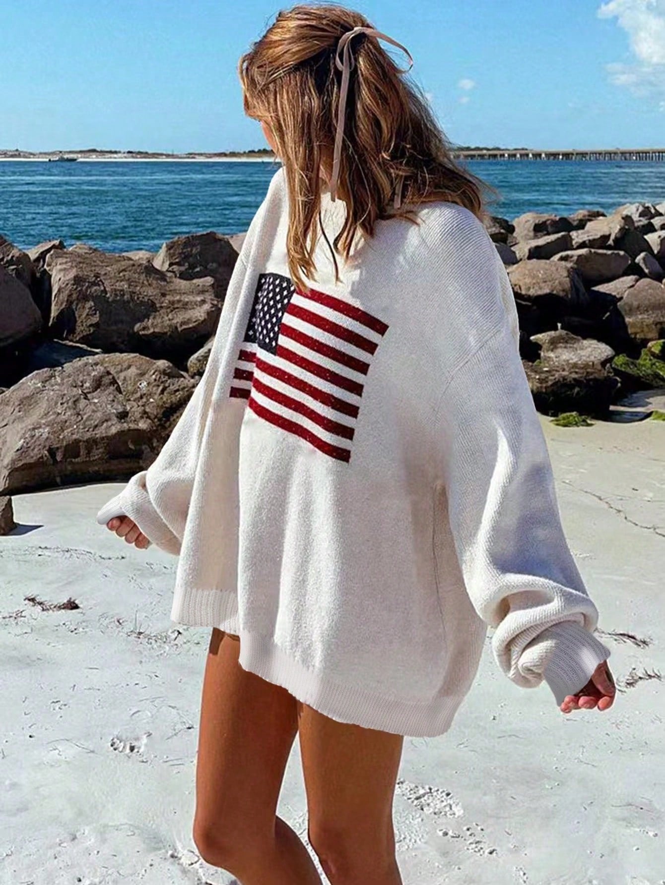 SHEIN Essnce Usa Flag Design Drop Shoulder Sweater