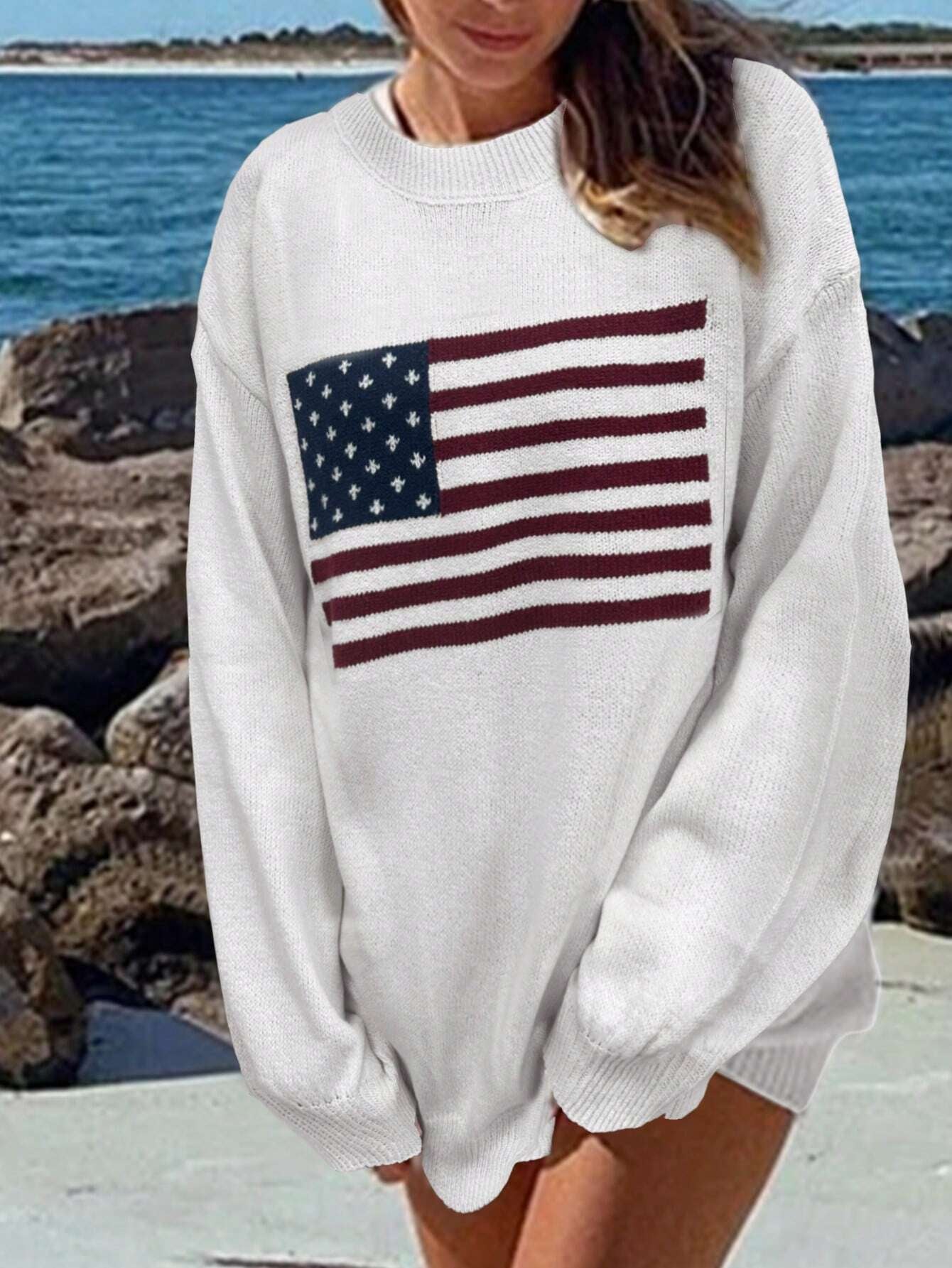 SHEIN Essnce Usa Flag Design Drop Shoulder Sweater