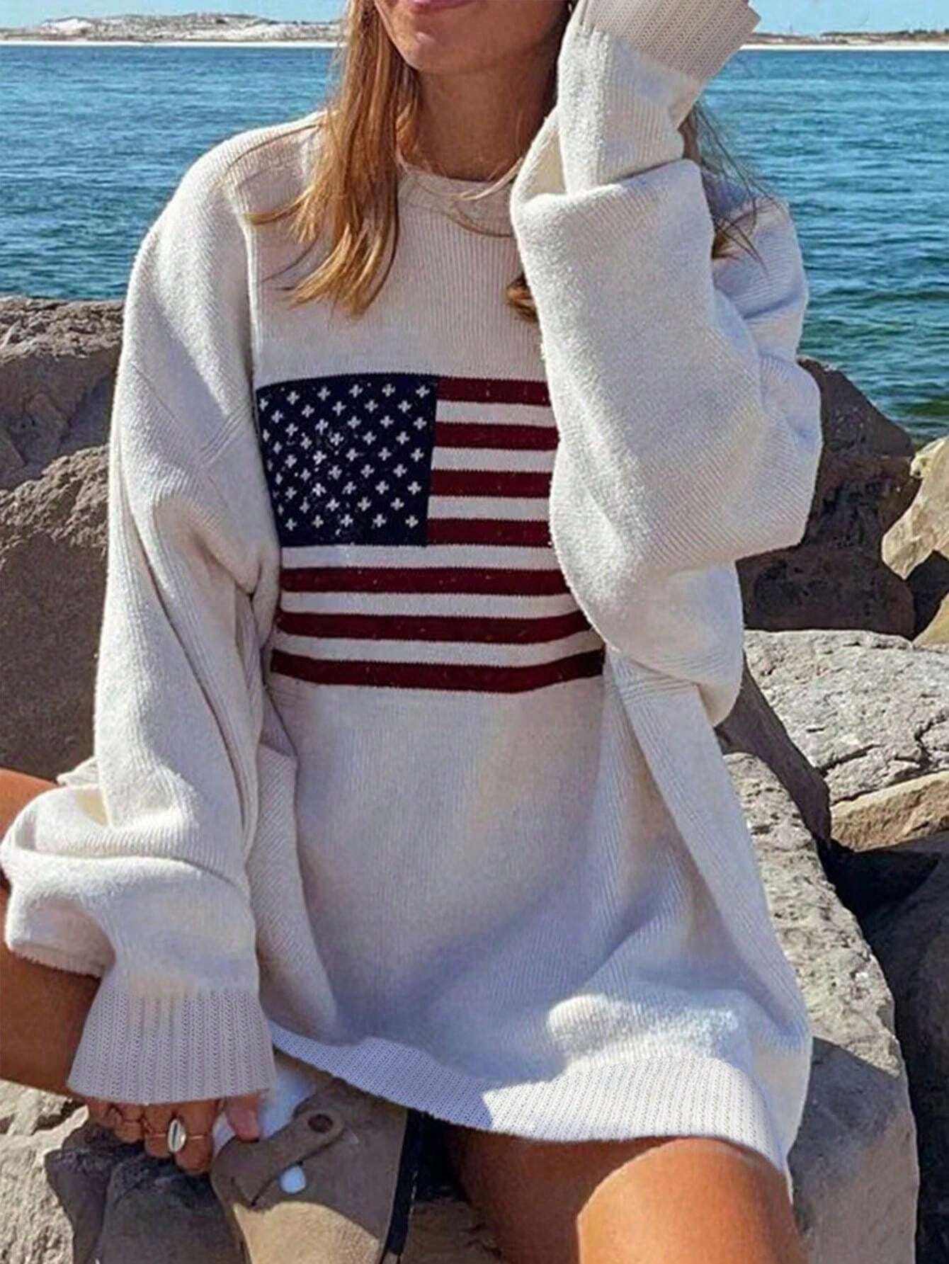 SHEIN Essnce Usa Flag Design Drop Shoulder Sweater