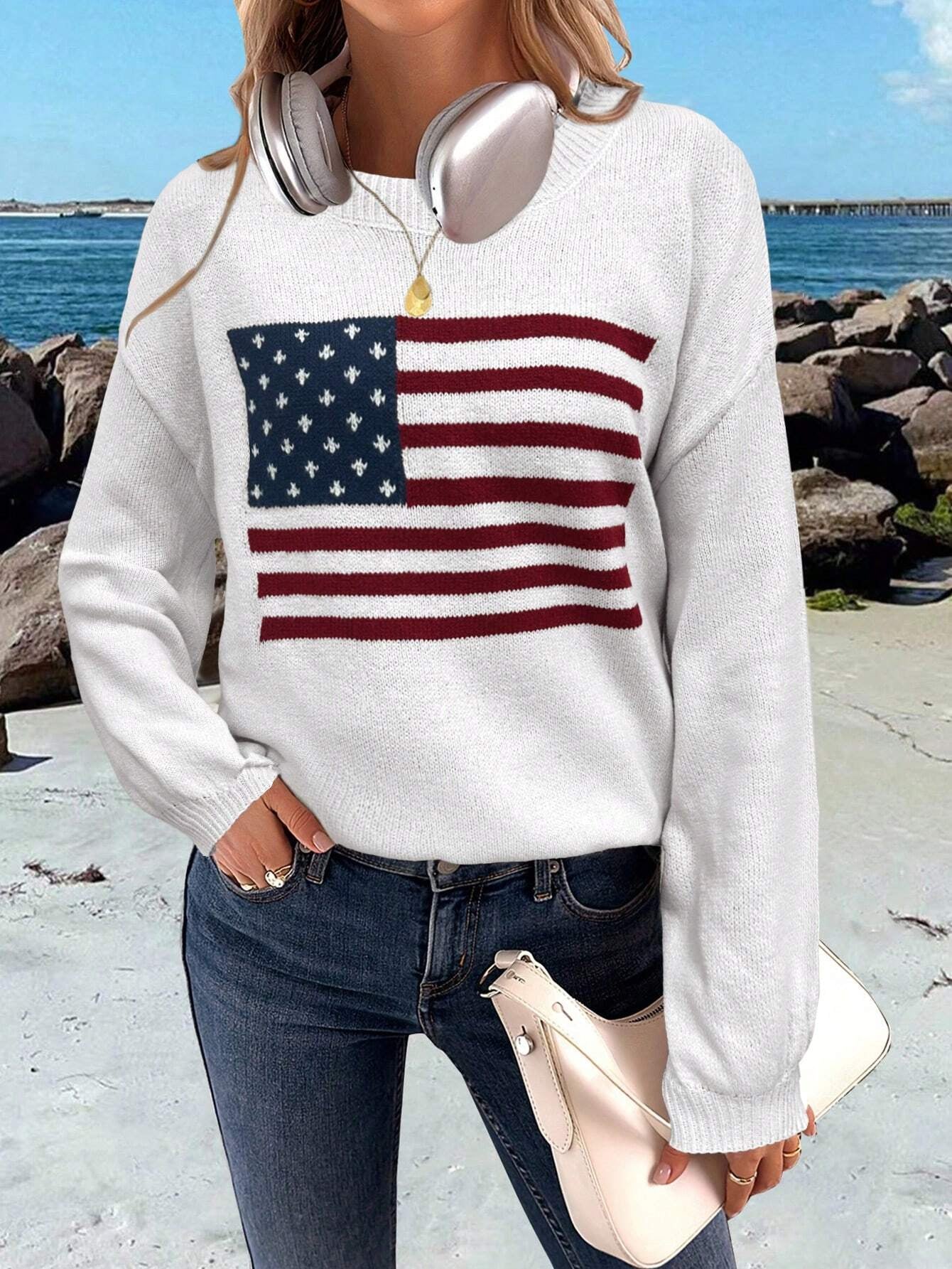 SHEIN Essnce Usa Flag Design Drop Shoulder Sweater