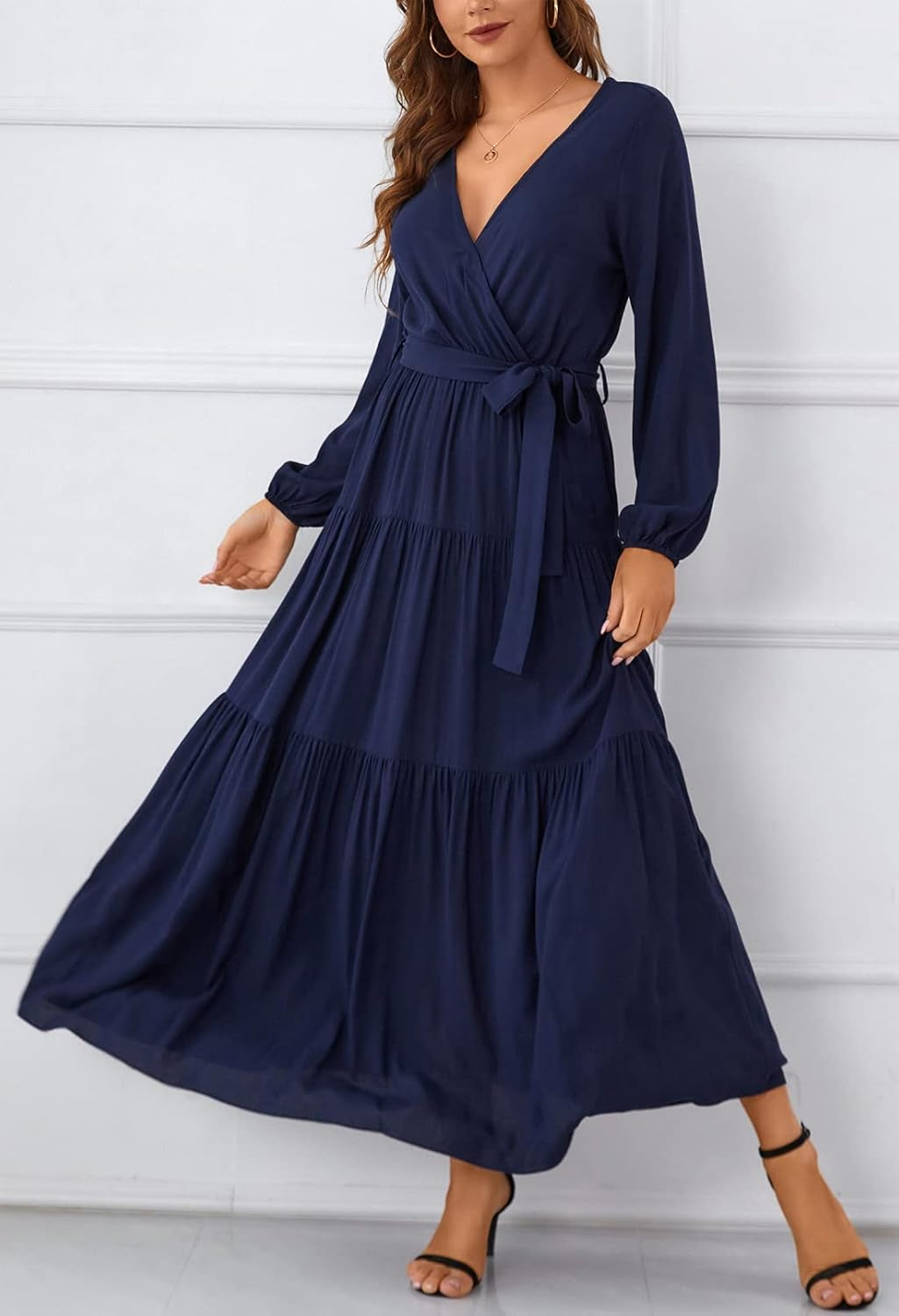 Womens V Neck Long Sleeve Casual a Line Tiered Fall Vintage Party Midi Long Maxi Dress with Belt
