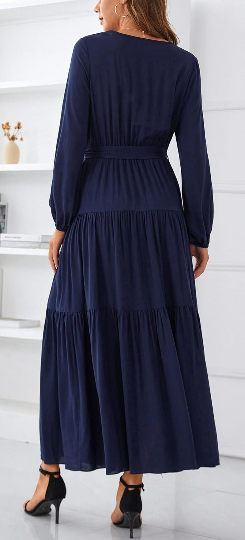 Womens V Neck Long Sleeve Casual a Line Tiered Fall Vintage Party Midi Long Maxi Dress with Belt