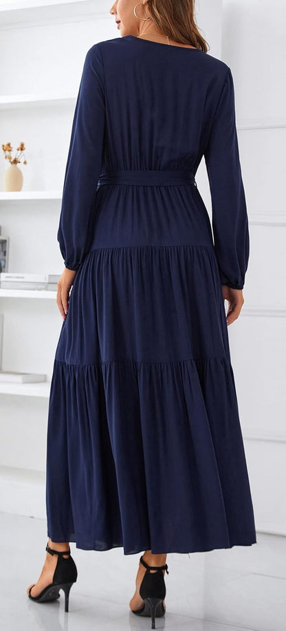 Womens V Neck Long Sleeve Casual a Line Tiered Fall Vintage Party Midi Long Maxi Dress with Belt