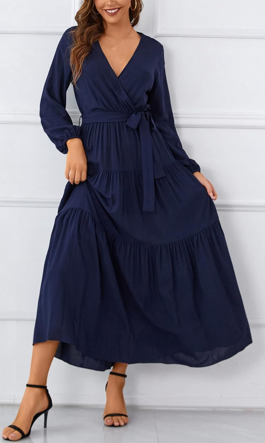 Womens V Neck Long Sleeve Casual a Line Tiered Fall Vintage Party Midi Long Maxi Dress with Belt