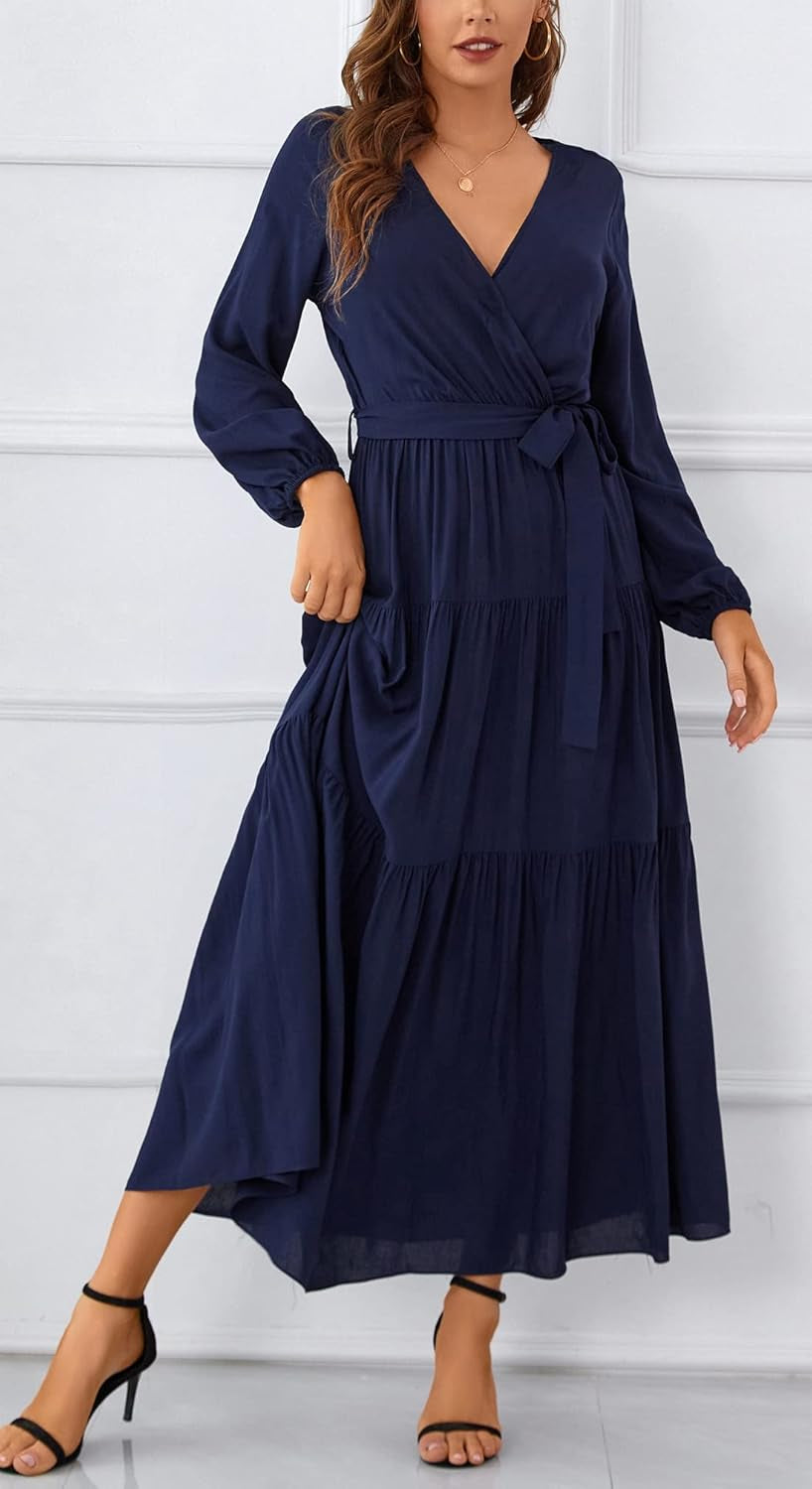 Womens V Neck Long Sleeve Casual a Line Tiered Fall Vintage Party Midi Long Maxi Dress with Belt